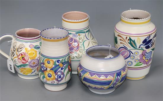 Two Carter Stabler Adams pottery vases, two Poole pottery vases and a jug, H 23cm (largest)